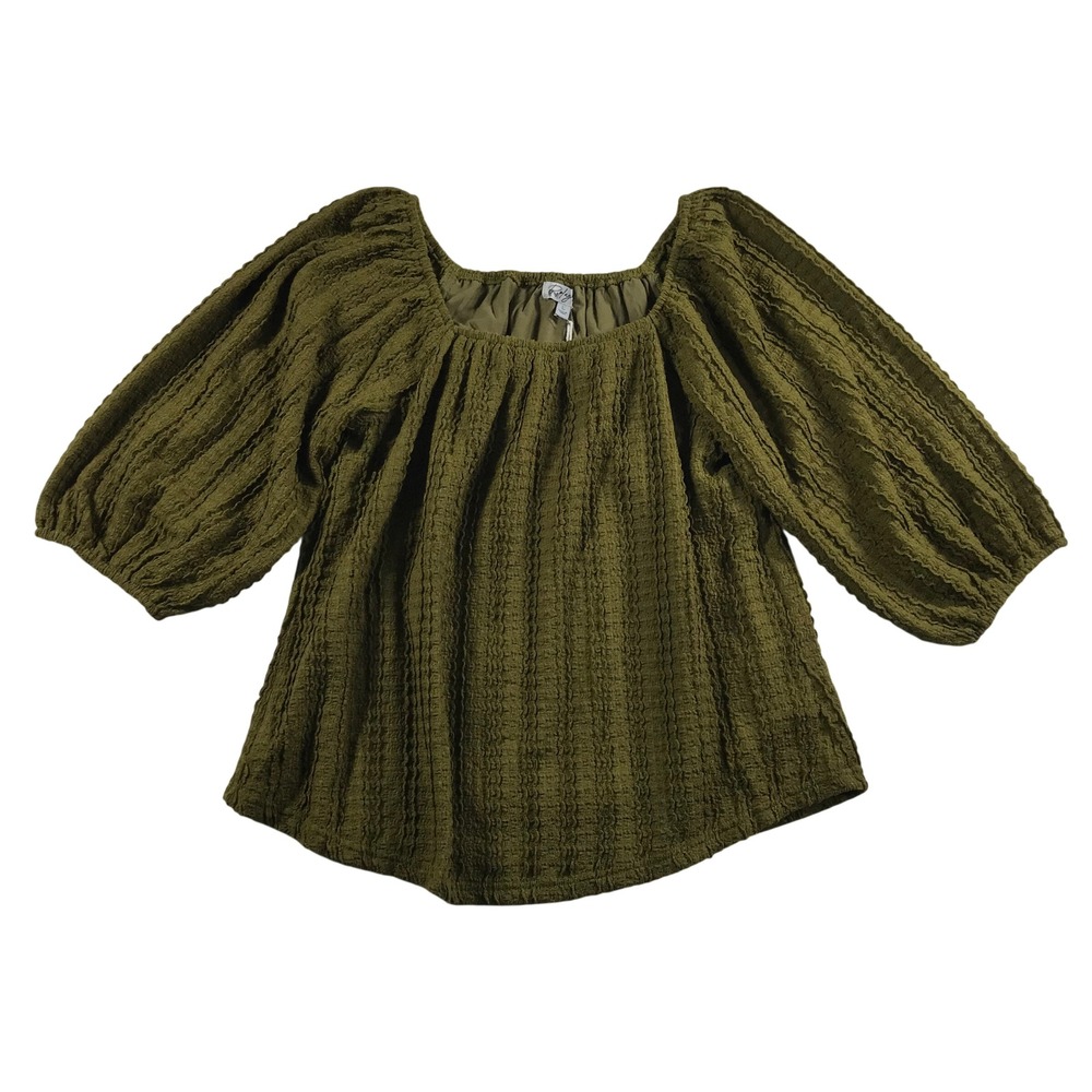 Polagram Elsie Textured Blouse Dark Olive Green Square Neck Balloon Sleeve Large